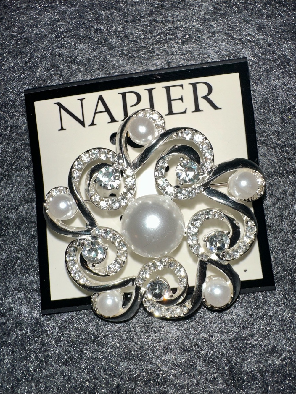 NWT Napier Silver-Tone Pearl & Crystal Swirl Pin Brooch - Silver/White